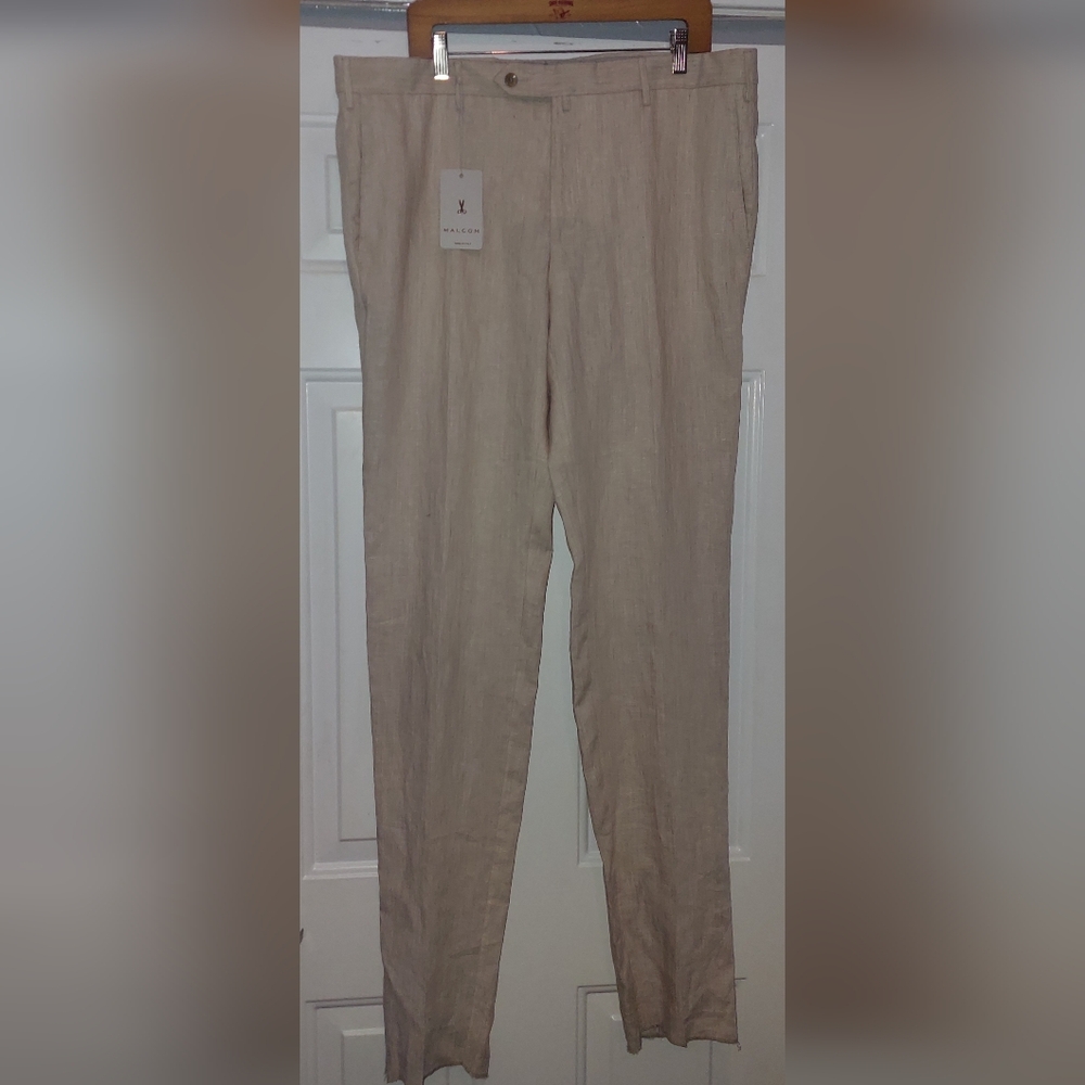 MALCOM COMO MEN'S TAN LINEN FLAT FRONT UNHEMMED PANT SIZE 38 NWT $448 MADE ITALY